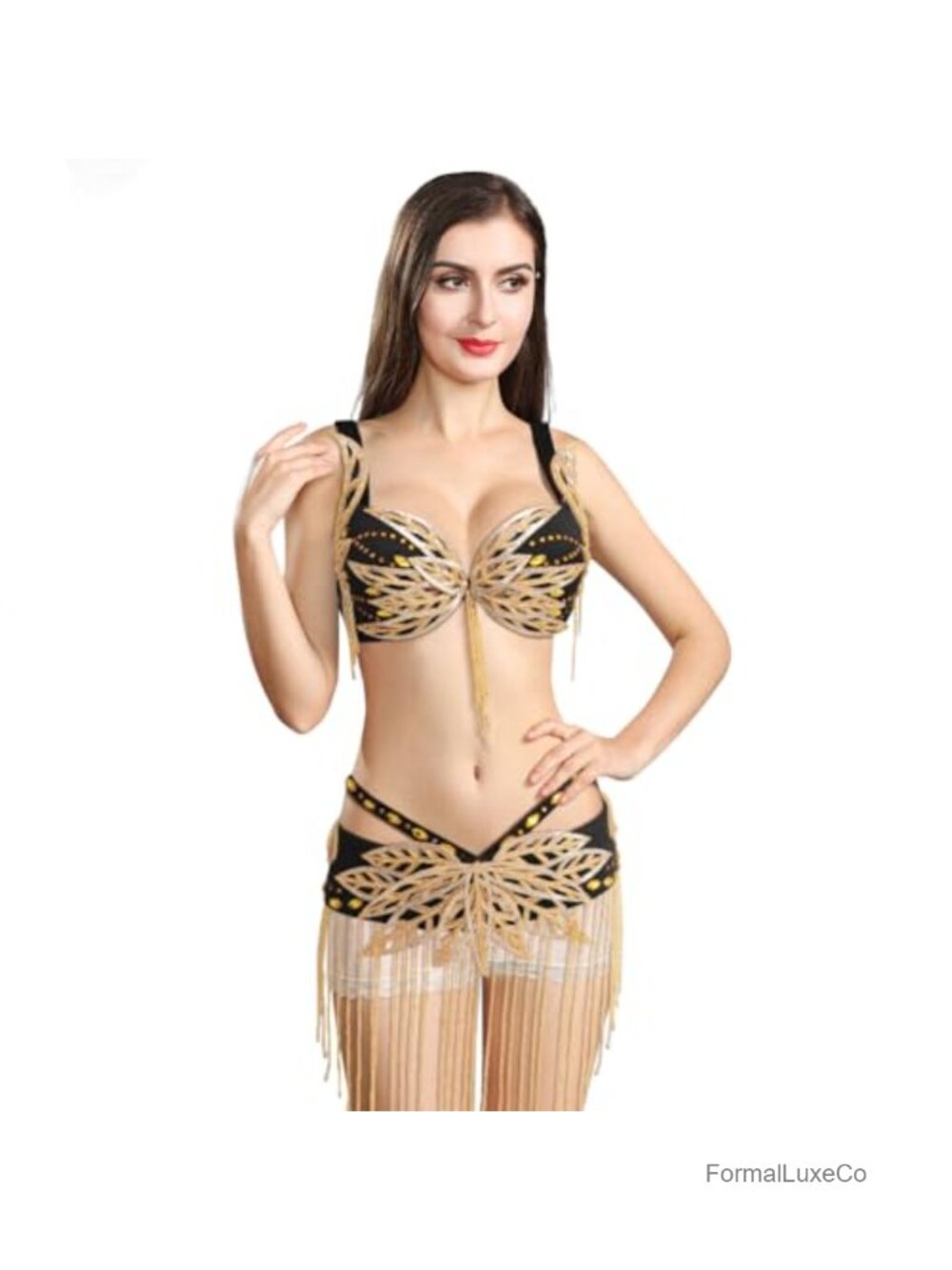 ROYAL SMEELA Handmade Beaded Bellydance Bra and Belt Set Gold Fringe Crystal
